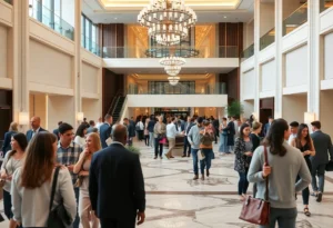 A lively hotel lobby representing modern hospitality marketing.