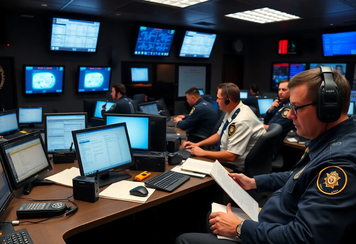 Dispatch room of Los Angeles Sheriff's Department with officers managing radio communications.