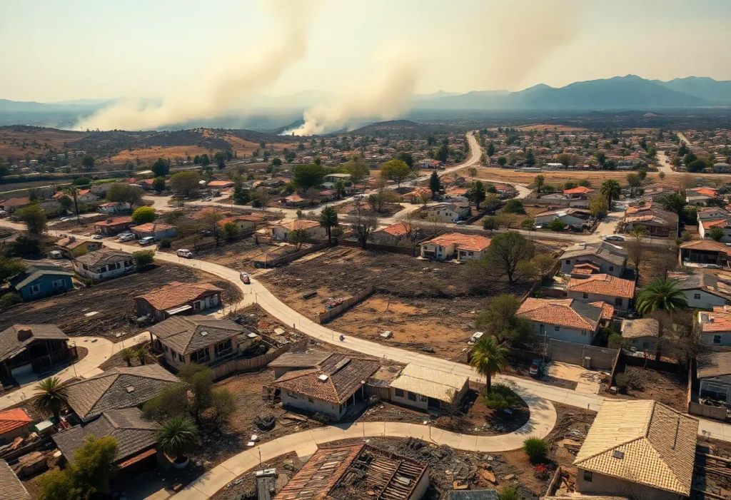 Devastation caused by the Los Angeles wildfires, showing burnt homes and emergency responders.