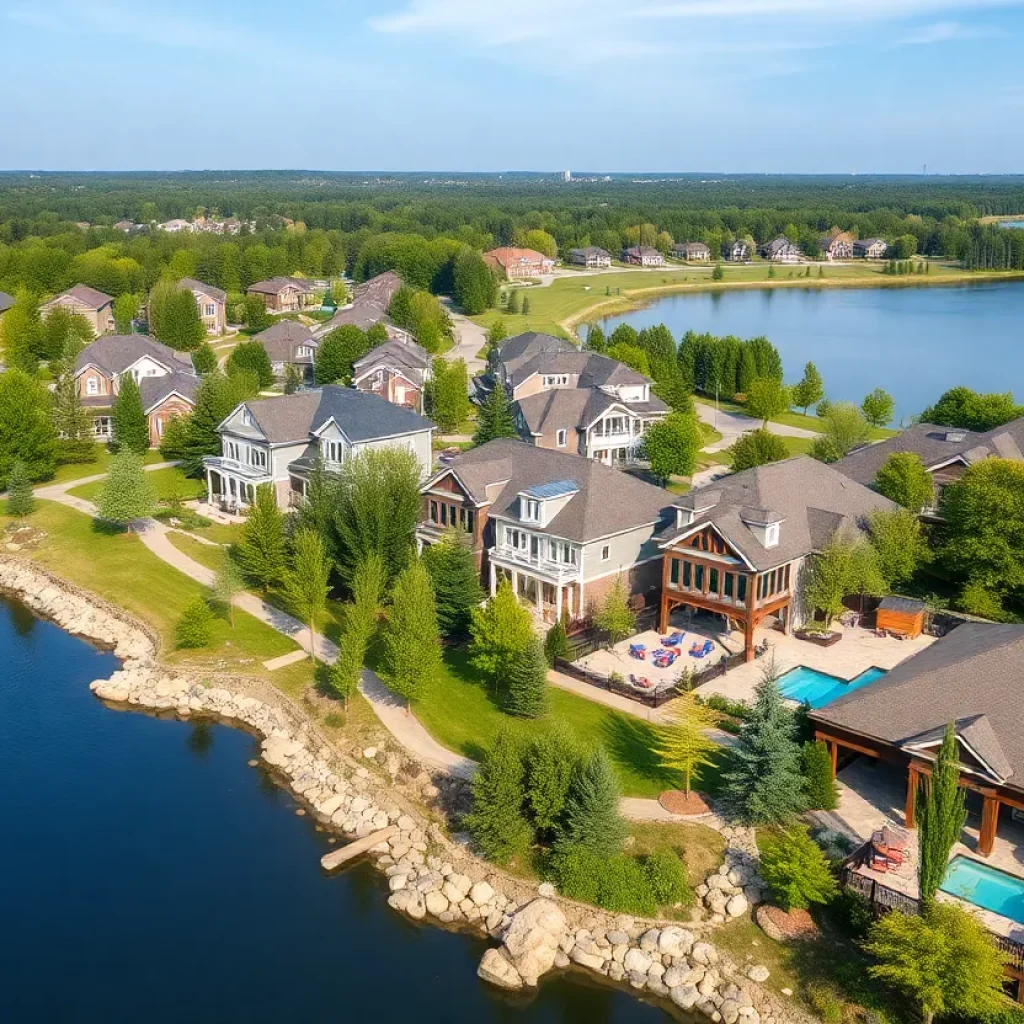 A scenic view of the Lucere at Windell Woods community with modern homes and a lake