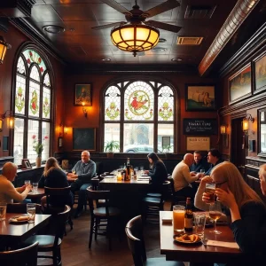 Interior of Nora Mac’s Irish Pub with guests dining