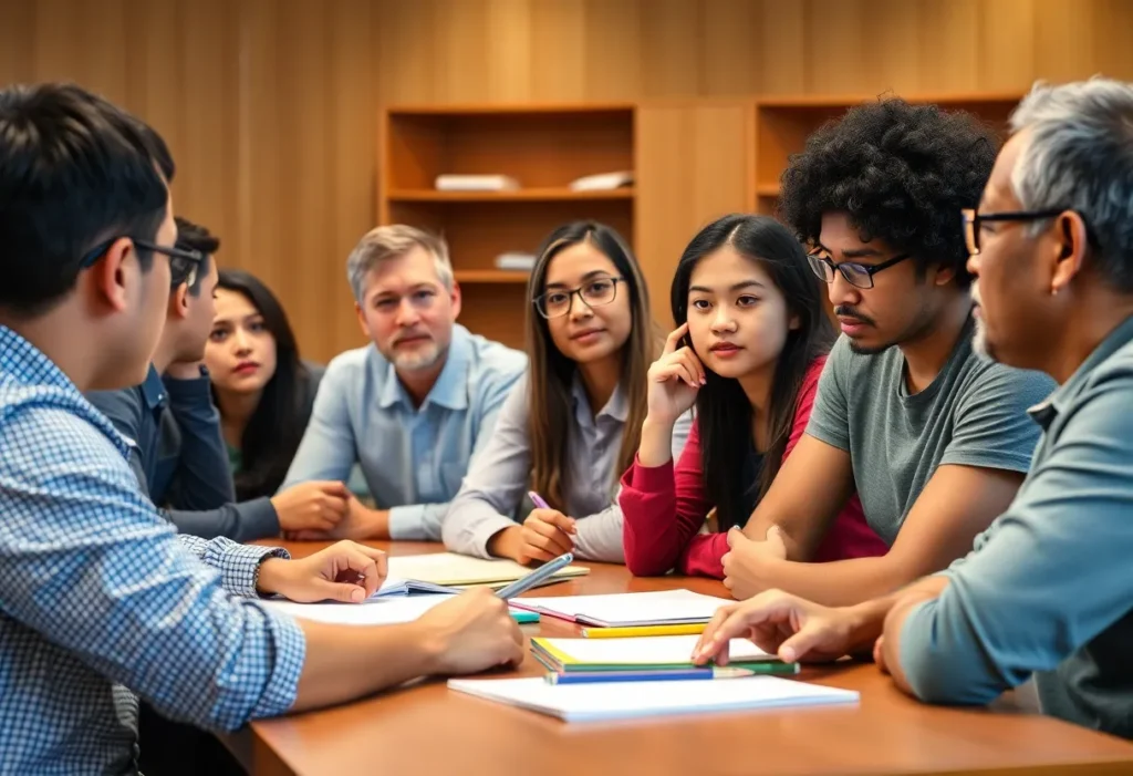 Group of concerned parents collaborating at a school board meeting