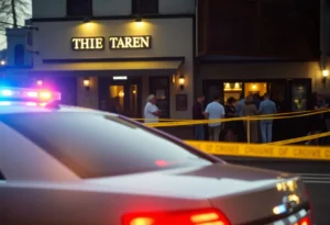 Police car at crime scene outside Tavern 51 in Pineville.