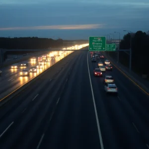 Dawn view of a busy Interstate 77 roadway with vehicles