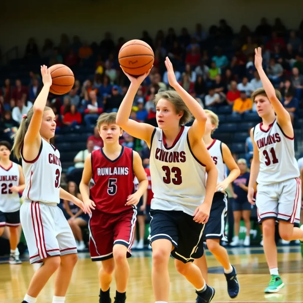 High school basketball game in Rock Hill with players in action.