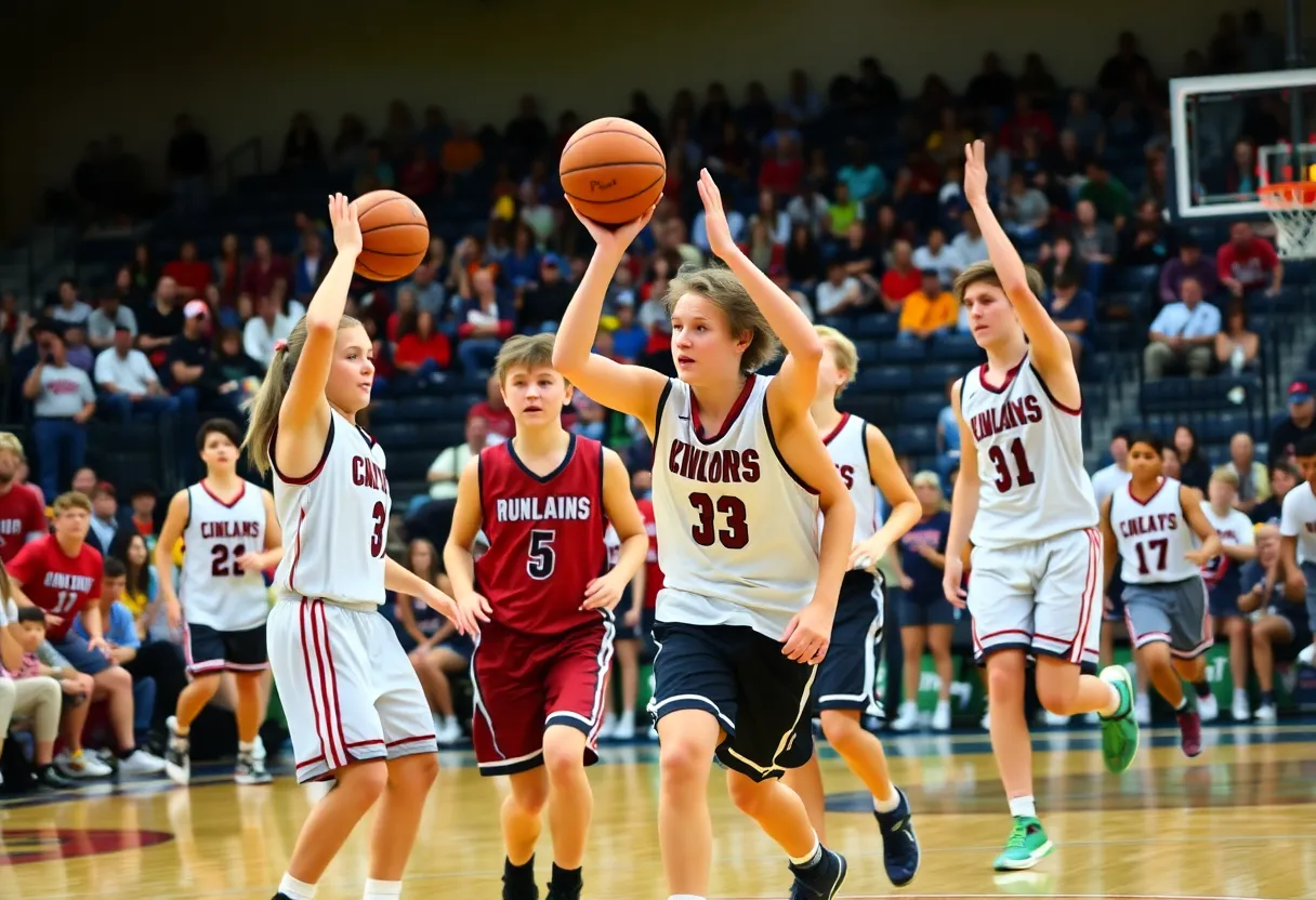 High school basketball game in Rock Hill with players in action.