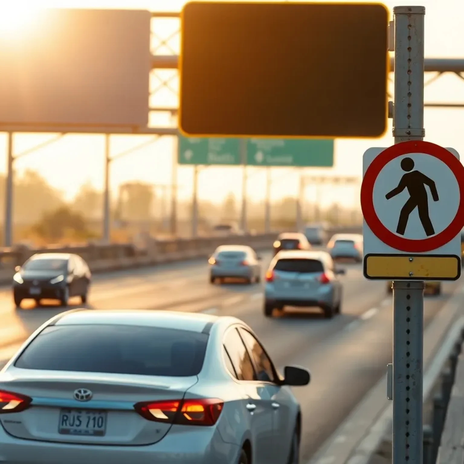 Early morning view of Interstate 77 with traffic, highlighting pedestrian crossing signs