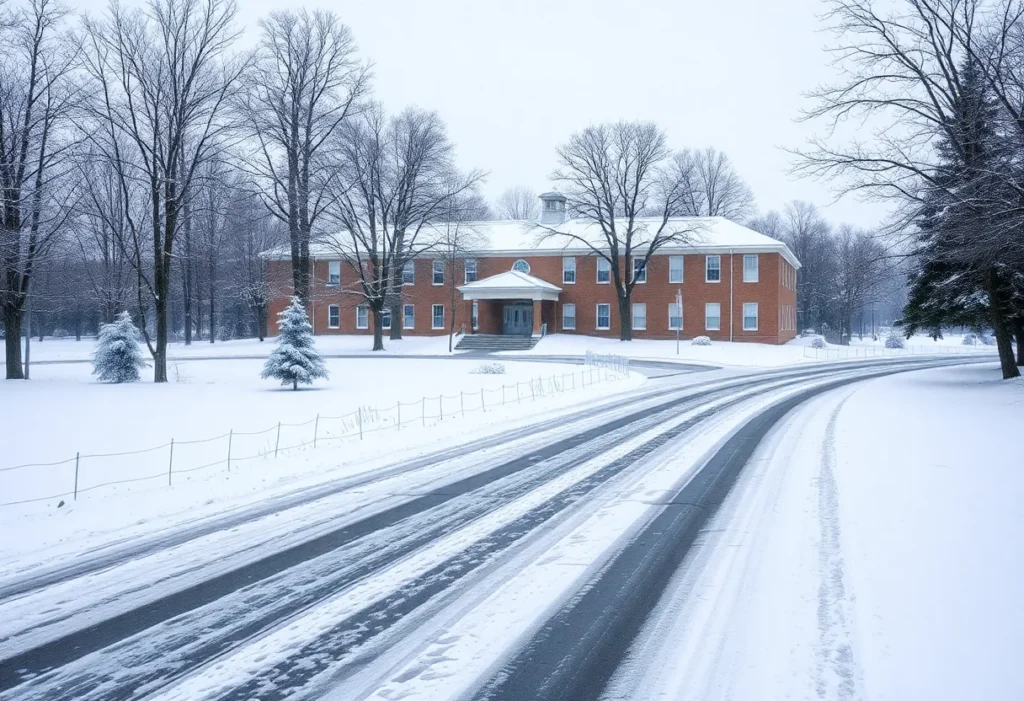 Snow-covered school building in Rock Hill during winter weather