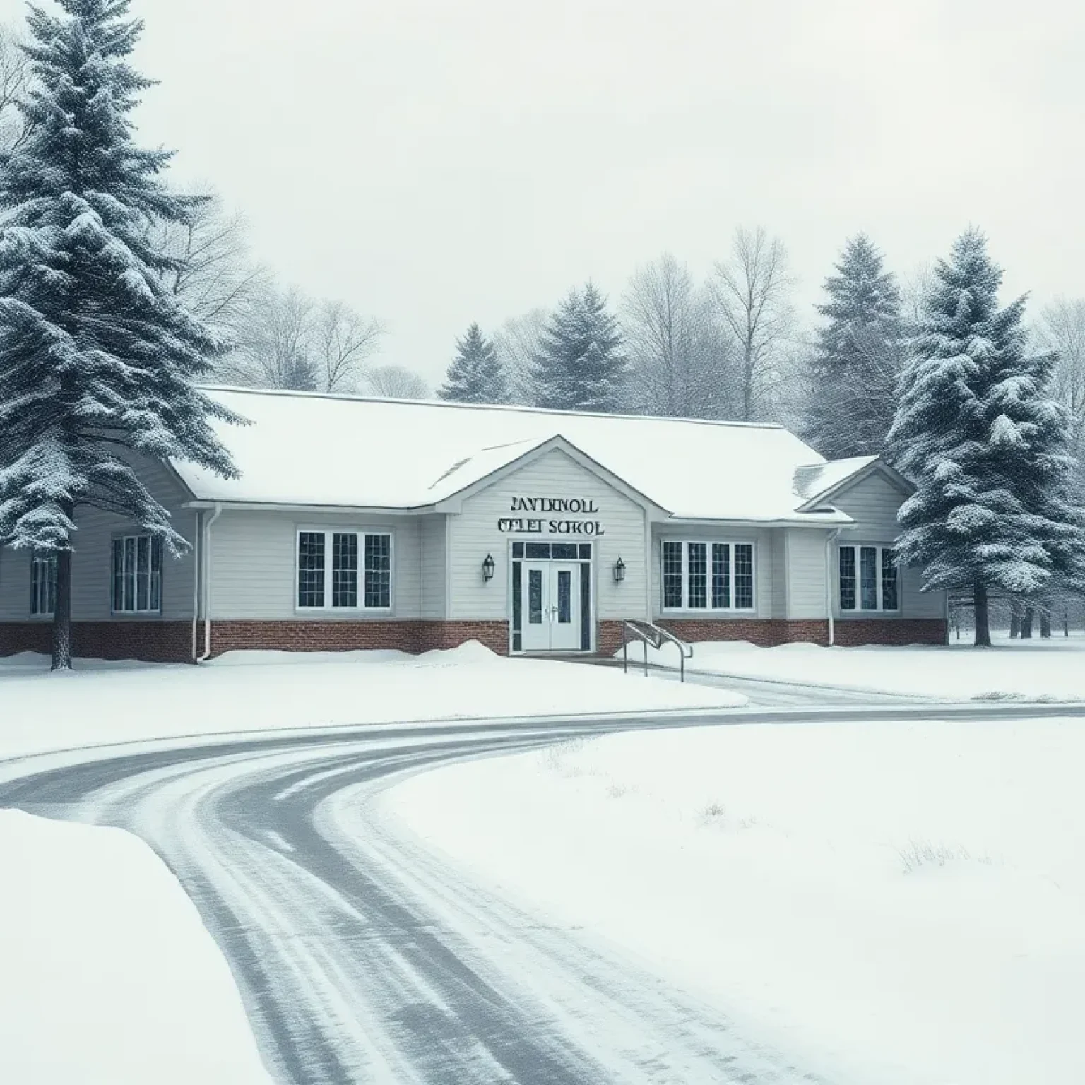 Snow-covered school building symbolizing remote learning during winter storm.