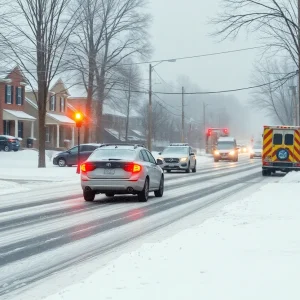 View of snow-covered street in Rock Hill, SC during winter storm