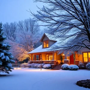 A winter scene in Rock Hill, S.C. with snow, trees, and a home prepared for a storm