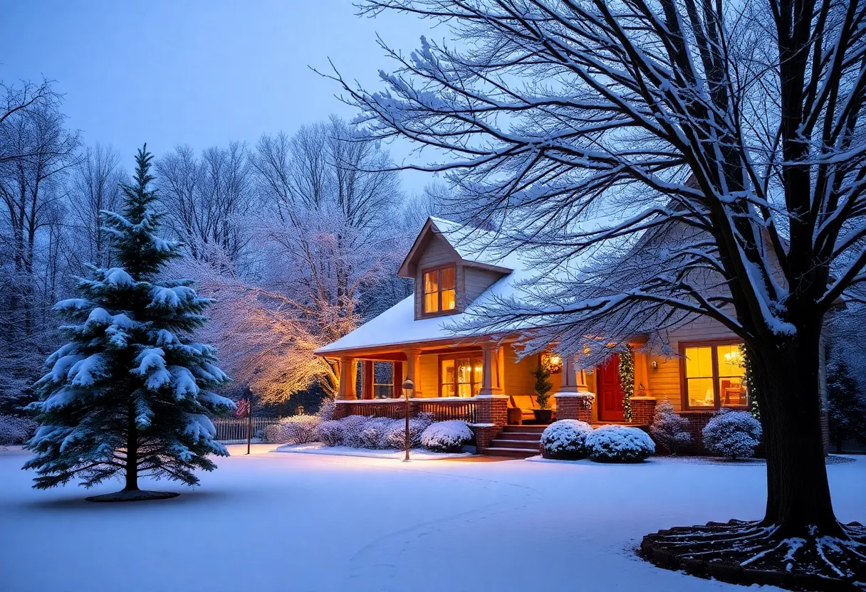 A winter scene in Rock Hill, S.C. with snow, trees, and a home prepared for a storm