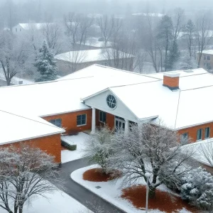 Rock Hill school building surrounded by snow during winter weather