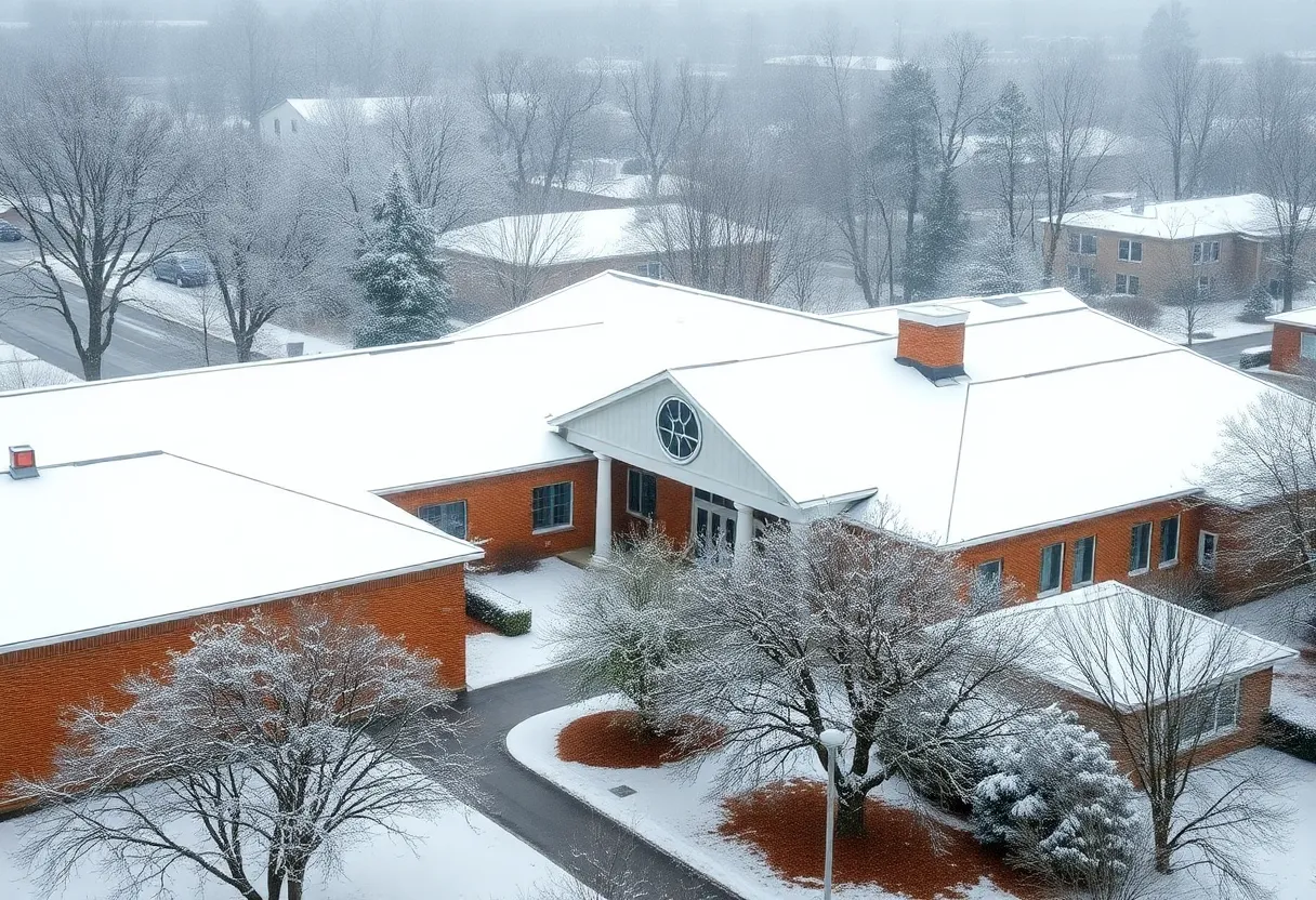 Rock Hill school building surrounded by snow during winter weather