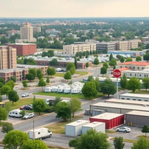 Urban landscape showing hotels and camping areas affected by new zoning regulations in Rock Hill.