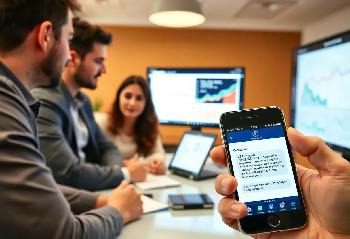 Business team discussing SMS marketing strategies with a smartphone in view.