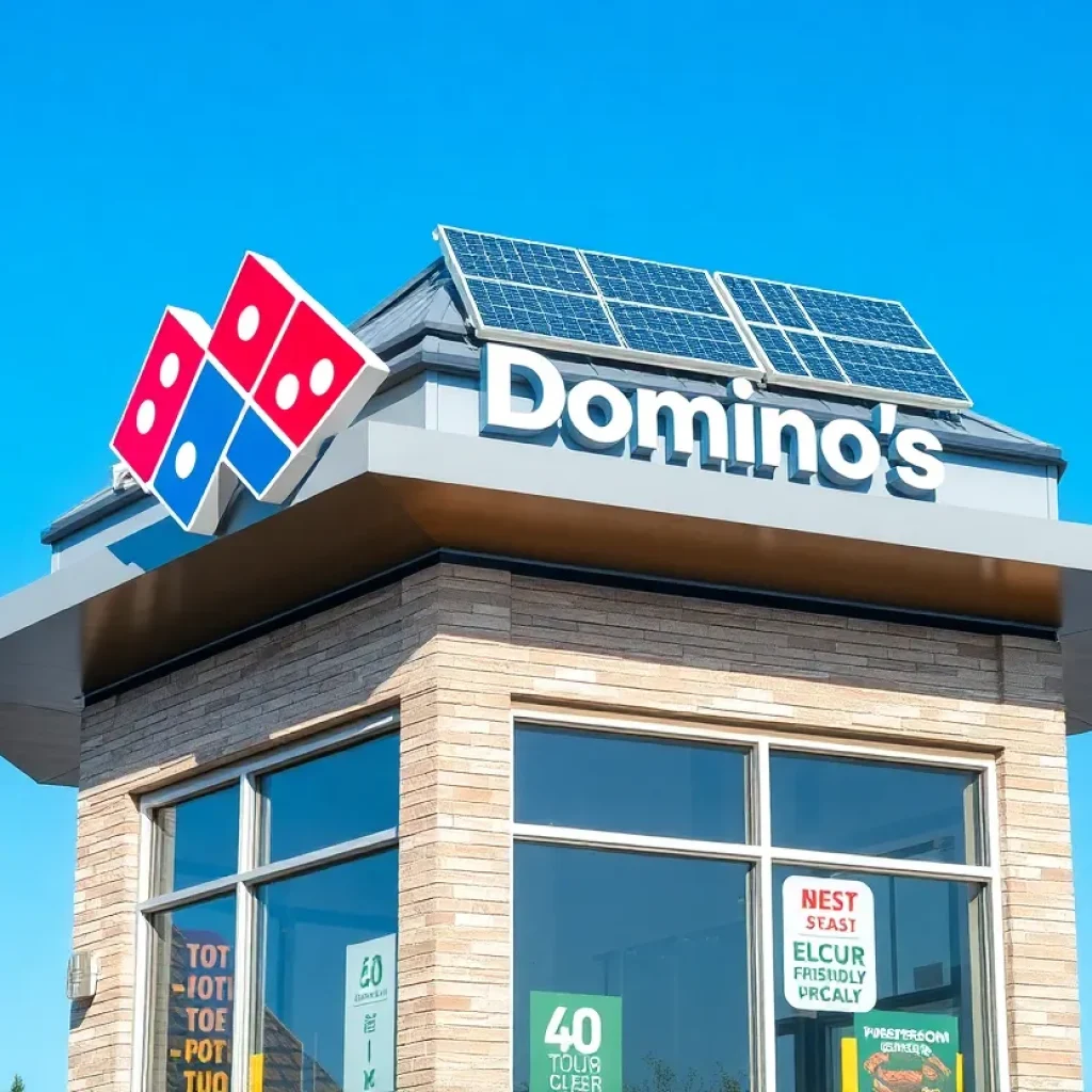 Exterior view of a solar-powered Domino's restaurant in Clover, South Carolina.