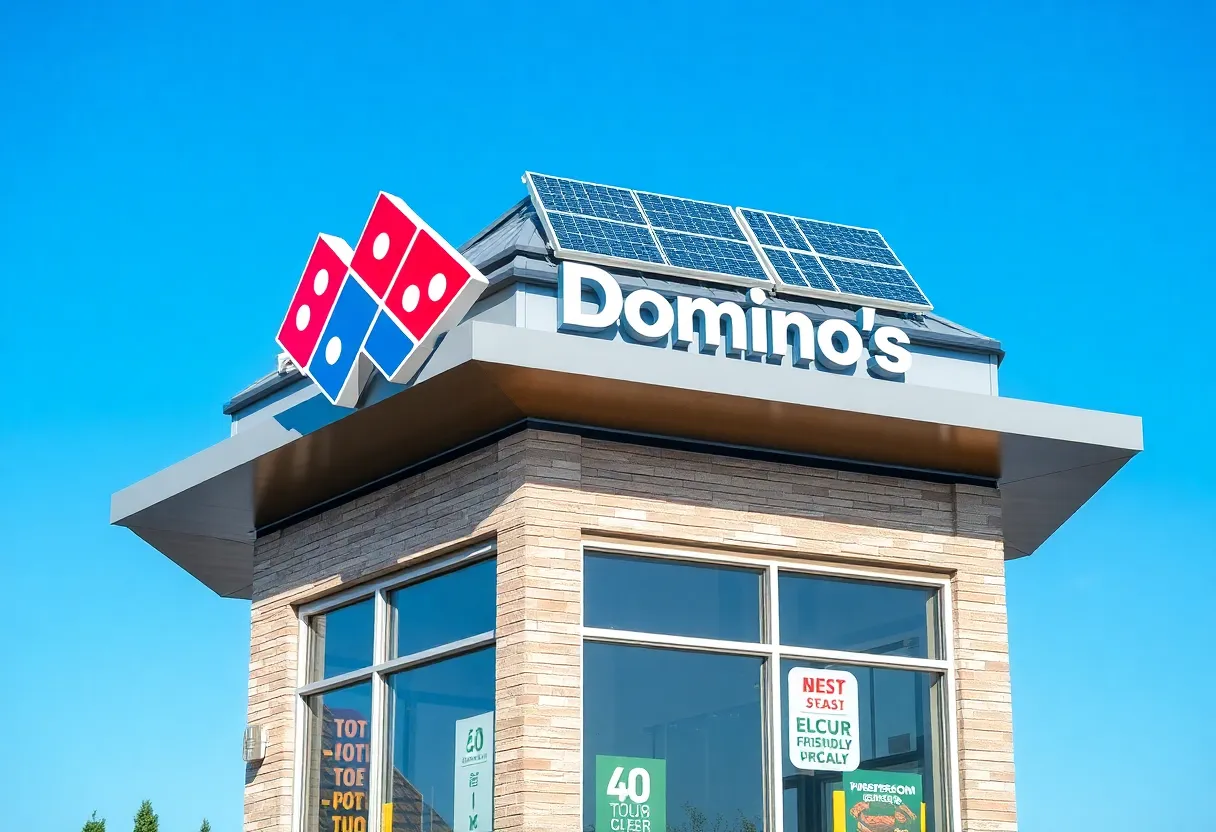 Exterior view of a solar-powered Domino's restaurant in Clover, South Carolina.