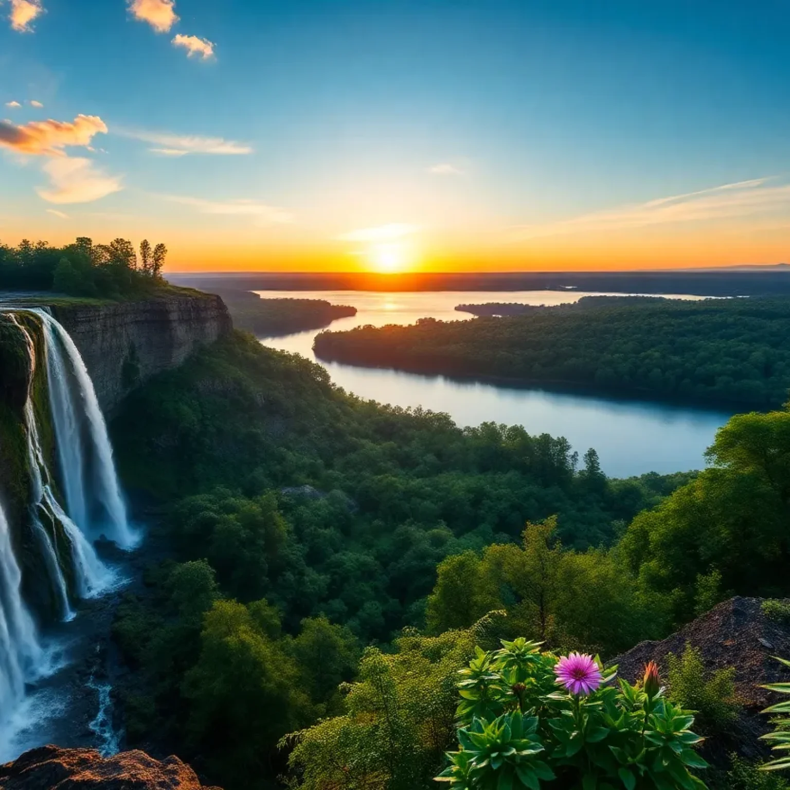 Beautiful landscapes of South Carolina showing a waterfall, a sunrise at a lake, and botanical gardens.