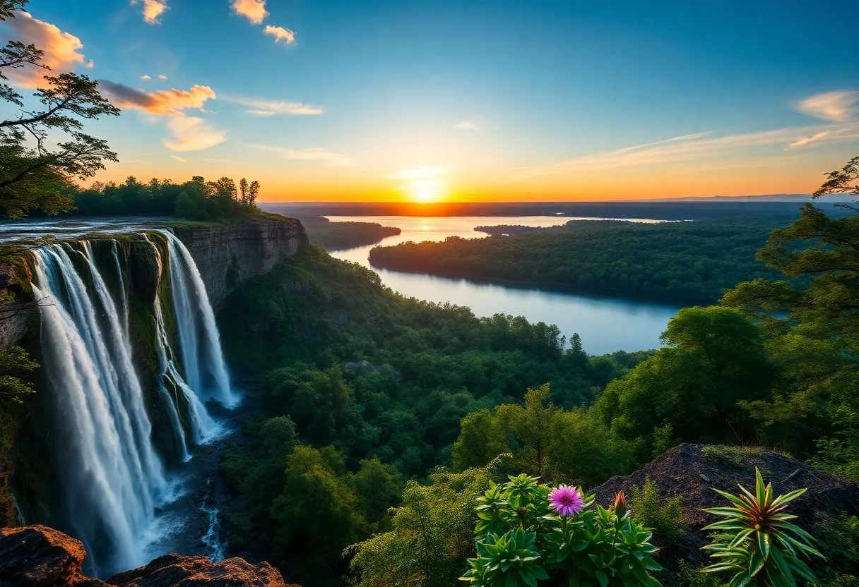 Beautiful landscapes of South Carolina showing a waterfall, a sunrise at a lake, and botanical gardens.