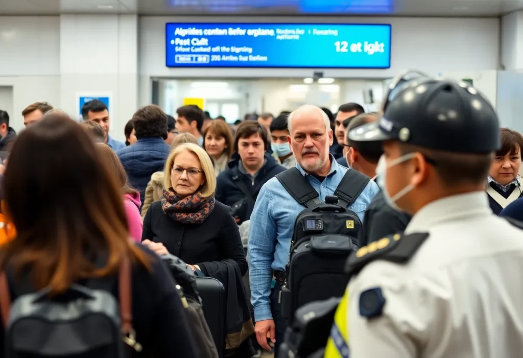 Police officers at airport boarding area with passengers observing.