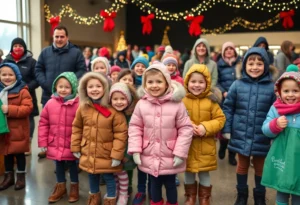 Children receiving winter coats at a community event organized by Subaru and Operation Warm.