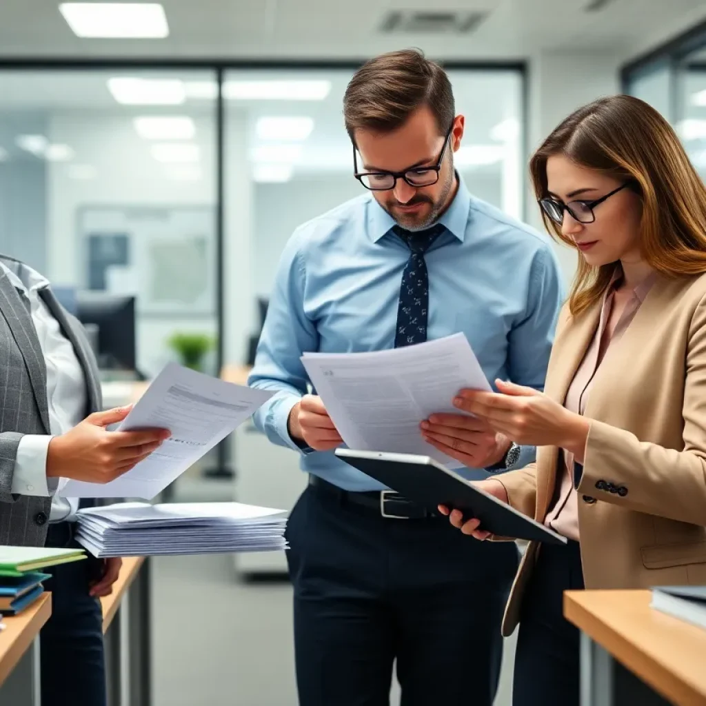 Tax professionals collaborating on e-filing solutions in an office setting.