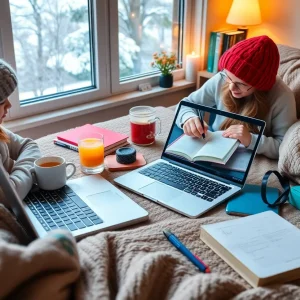 Students engaging in virtual learning at home during winter weather.