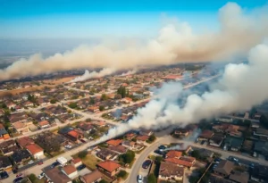 Aerial view of a burnt neighborhood in Los Angeles due to wildfires