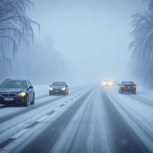 Cars driving on a snow-covered highway during Winter Storm Cora