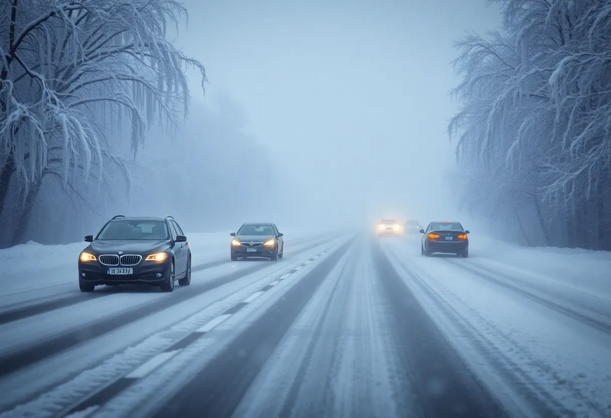 Cars driving on a snow-covered highway during Winter Storm Cora