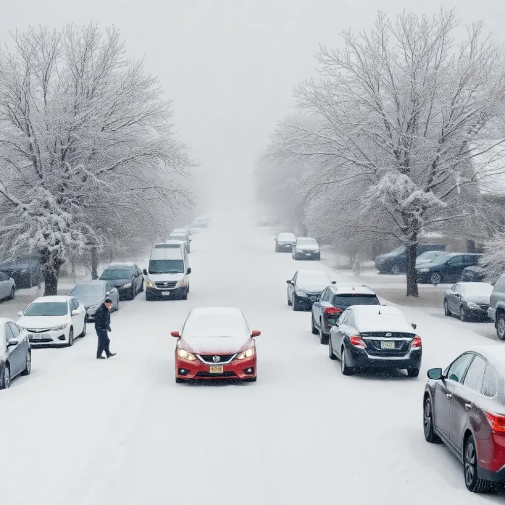 Neighborhood affected by a severe winter storm with heavy snow.