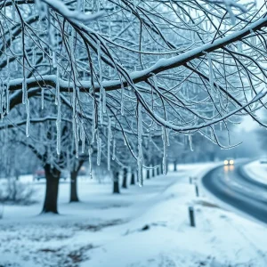 Icy tree branches and snowy roads in South Carolina during a winter storm watch.