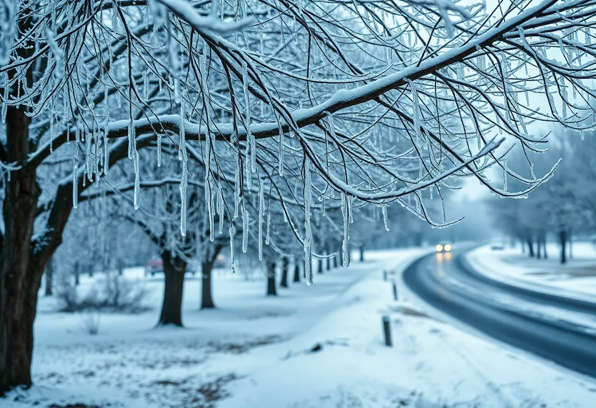 Icy tree branches and snowy roads in South Carolina during a winter storm watch.