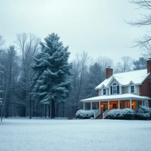 Winter landscape in South Carolina with snow-covered trees