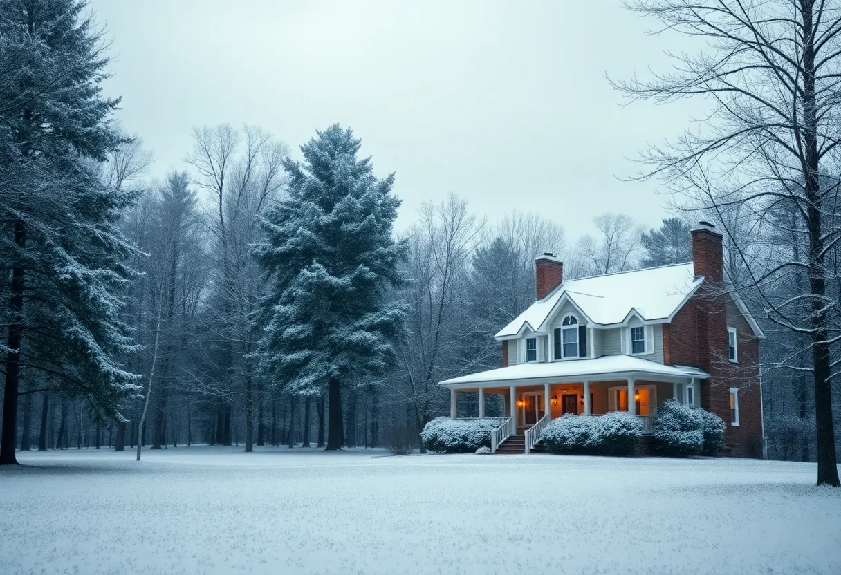 Winter landscape in South Carolina with snow-covered trees