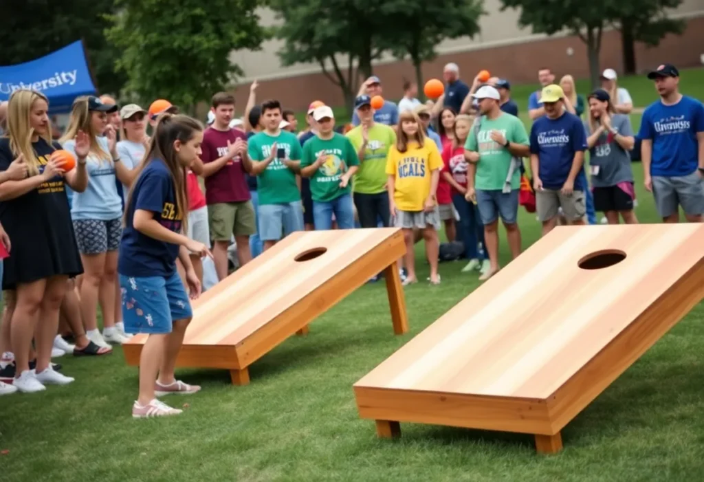 Cornhole competition at Winthrop University with players and spectators