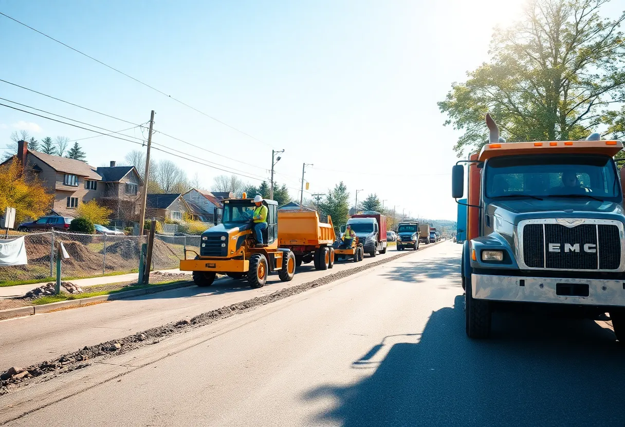 Construction workers and machinery improving roads in York County