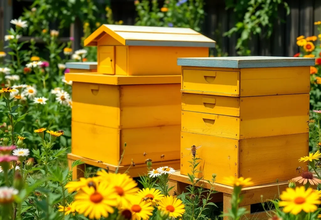 Bees buzzing around hives in a sunny garden in Charlotte.