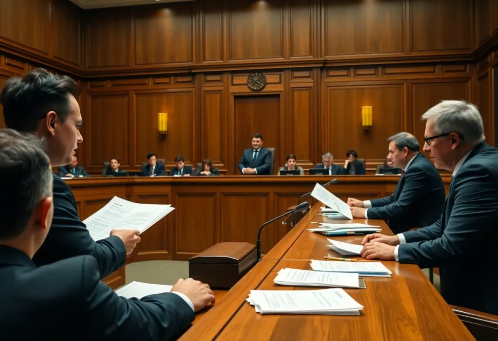 A courtroom scene depicting a financial fraud case