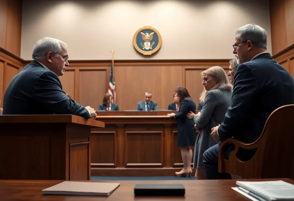 A courtroom scene depicting a judge making a ruling on a significant case related to mental health and public safety.