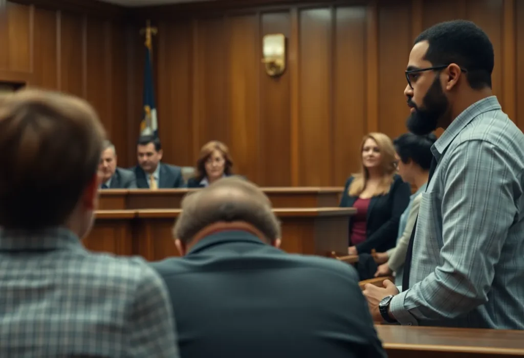 Courtroom with judge and lawyers discussing a case