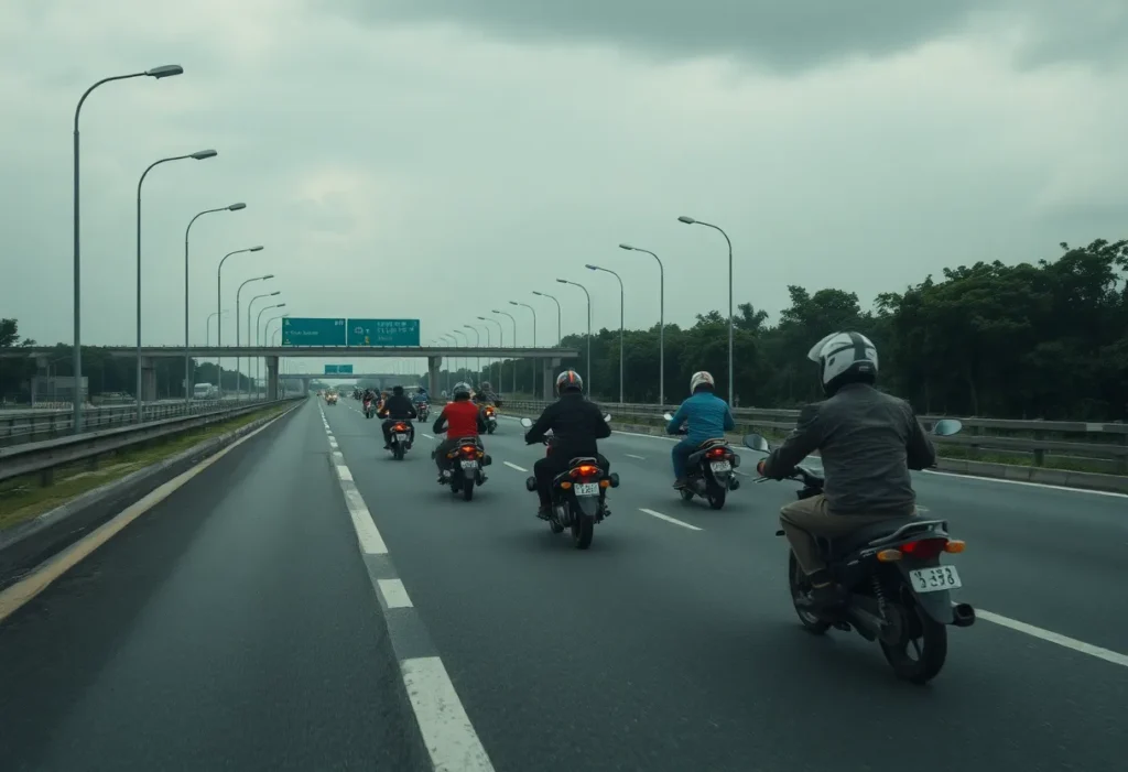 A depiction of a highway emphasizing motorcycle safety and road awareness.