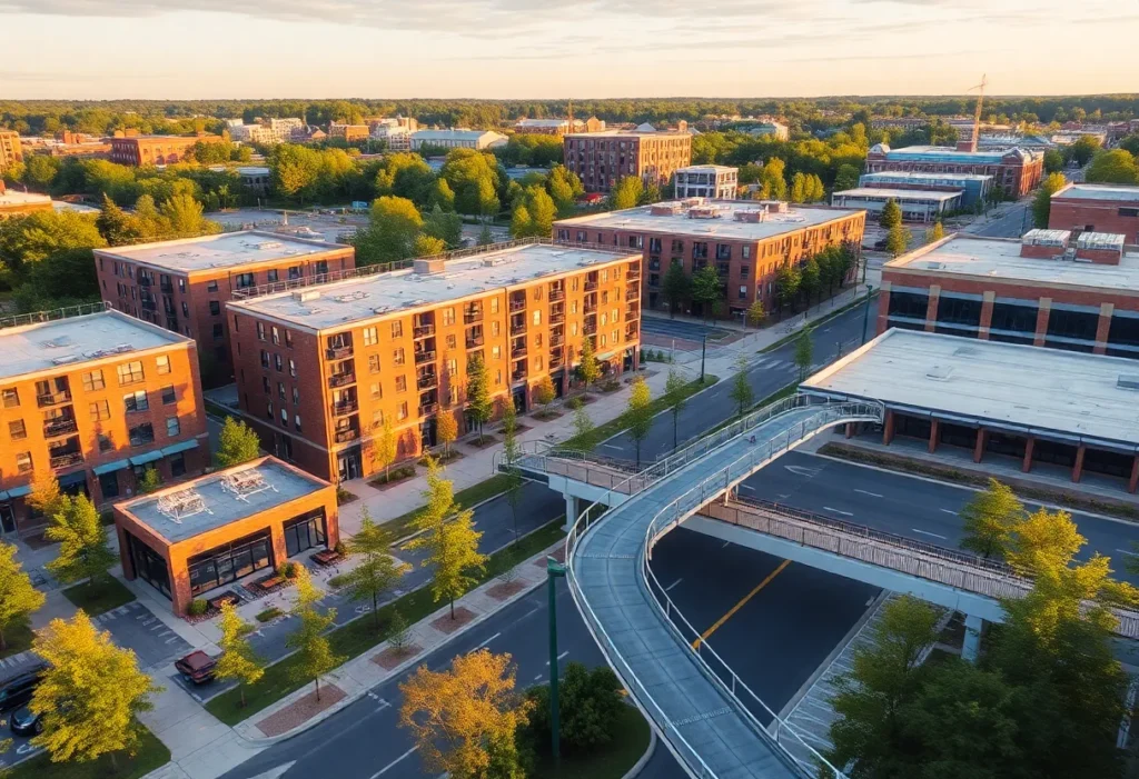 A modern urban area in Rock Hill featuring apartments and pedestrian bridge.