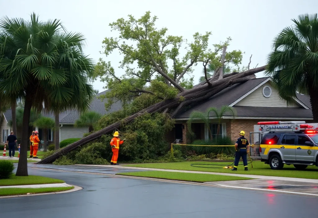 Emergency response team rescuing a family trapped under a fallen tree during Tropical Storm Helene.