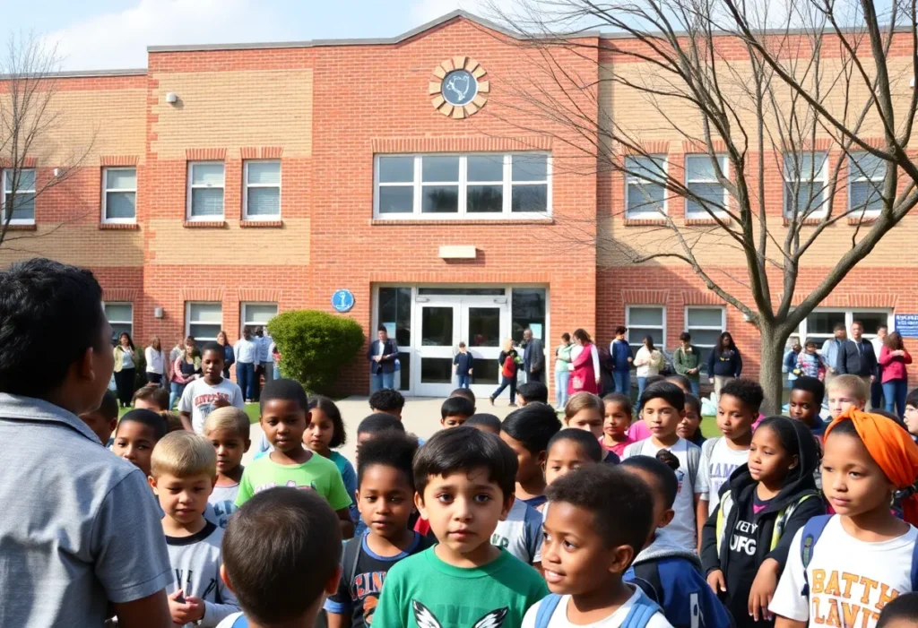 Diverse group of students outside a York County school