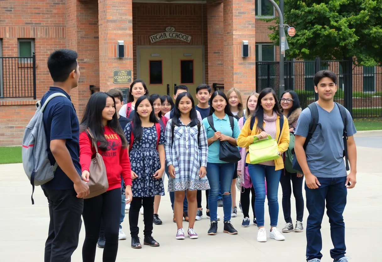 Students at Ardrey Kell High School interacting outside, showcasing safety measures.