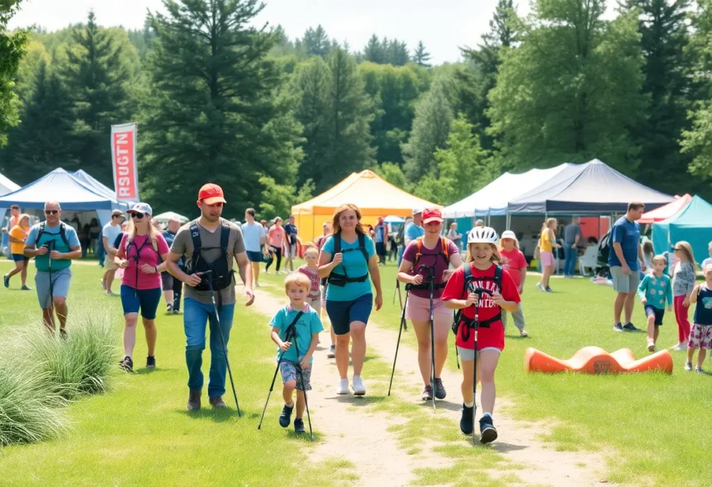 Outdoor festival with activities and people at Lake Haigler.