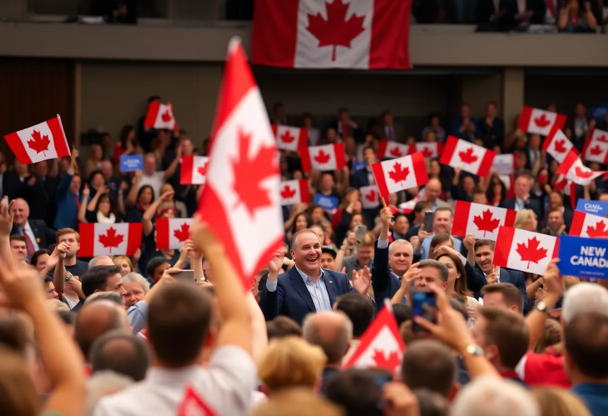 A political rally celebrating Canada's new Prime Minister with Canadian flags and an enthusiastic crowd.