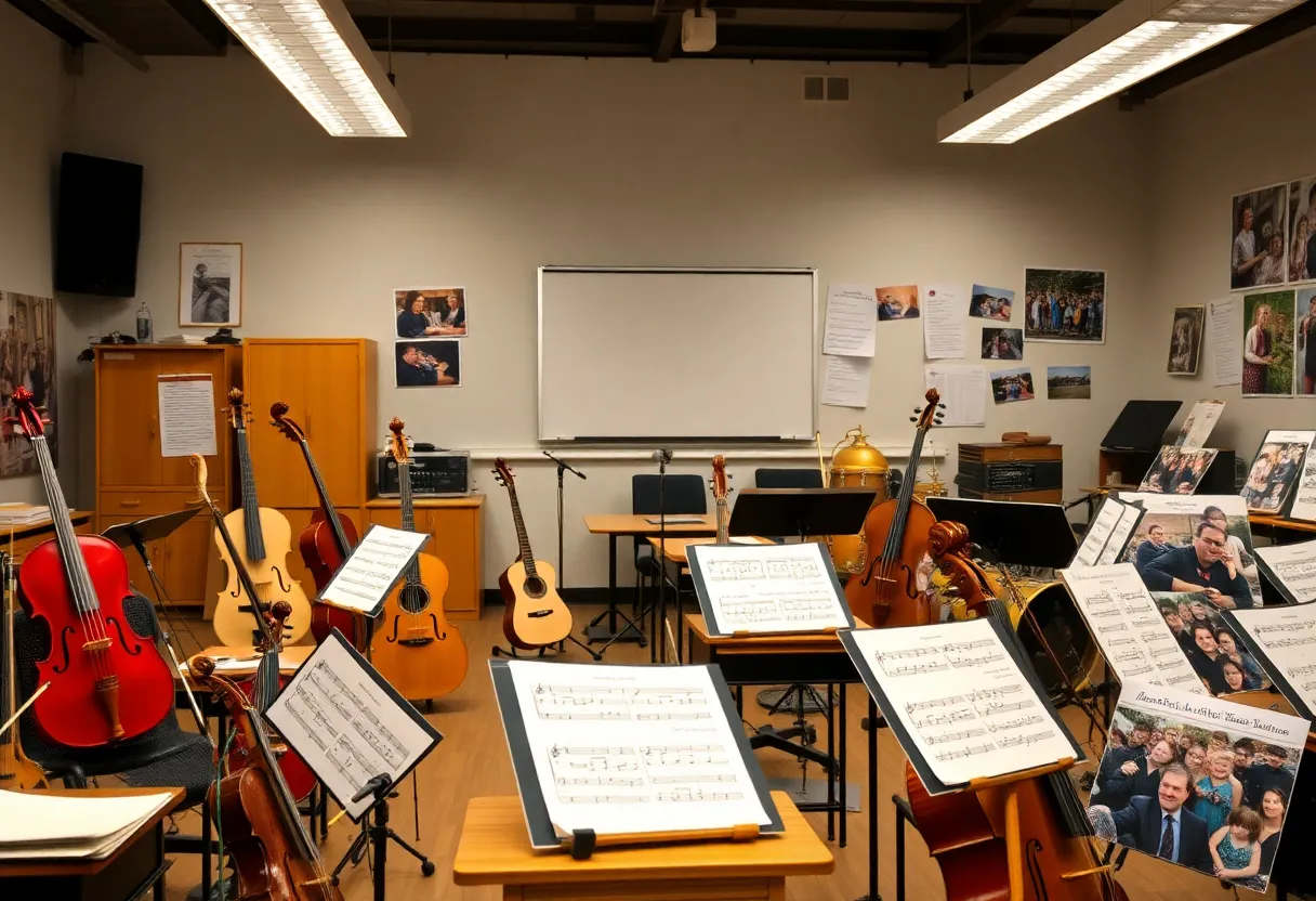 A classroom dedicated to music education, filled with instruments and photos of community contributions.